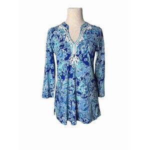 Lilly Pulitzer Top Womens S Blue Floral Kaia Tunic Embroidered Tropical Resort